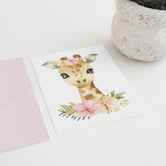 Cute Floral Giraffe Watercolor Wall Art Print Poster Unframed - Picture 8 of 15